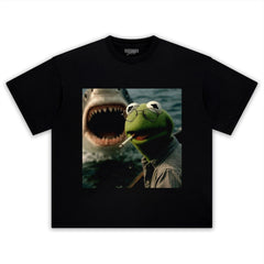CHILL FROG PUPPET SMOKING WITH GIANT SHARK MEME TEE & LS & HOODIE