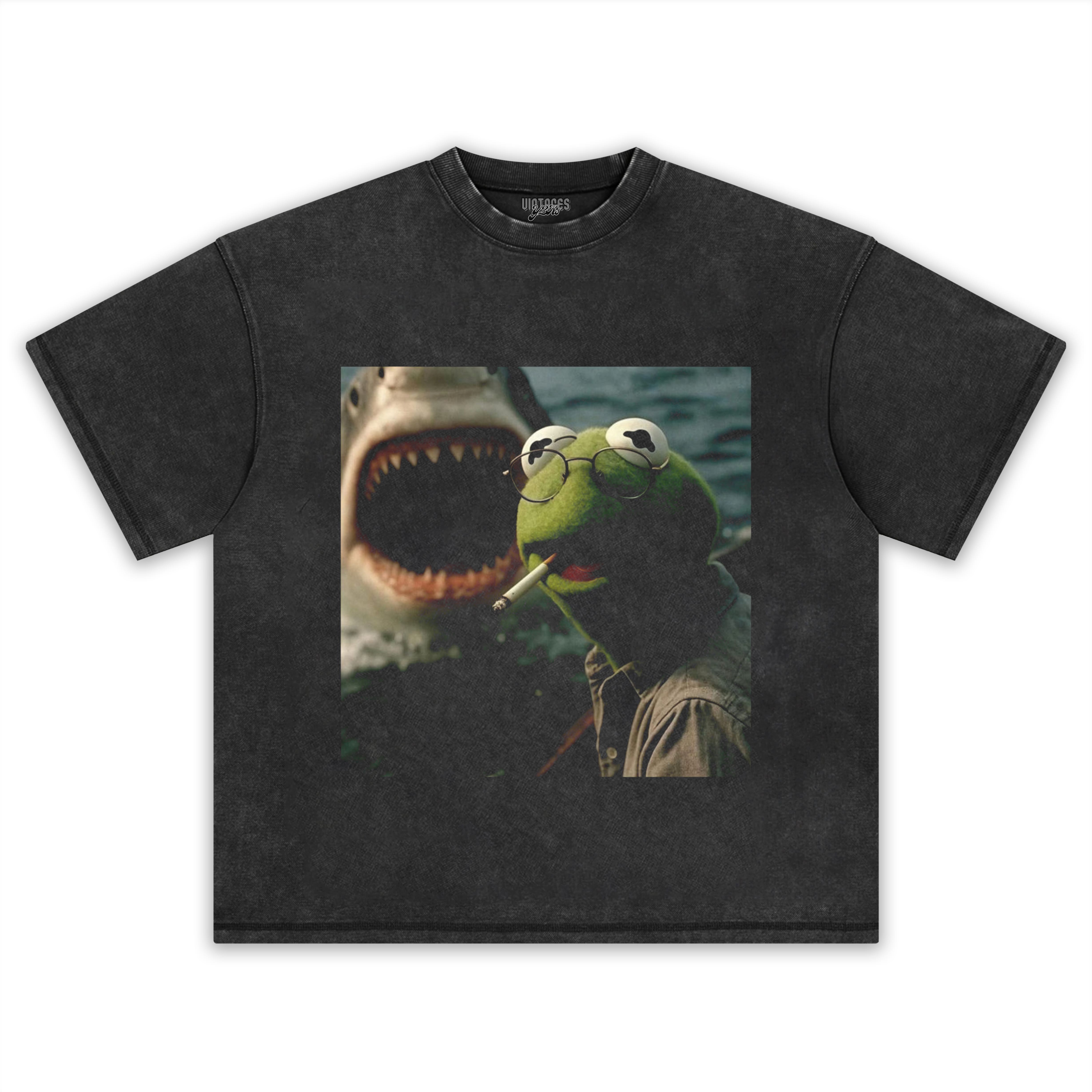 CHILL FROG PUPPET SMOKING WITH GIANT SHARK MEME TEE & LS & HOODIE