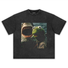 CHILL FROG PUPPET SMOKING WITH GIANT SHARK MEME TEE & LS & HOODIE