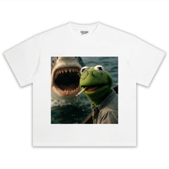 CHILL FROG PUPPET SMOKING WITH GIANT SHARK MEME TEE & LS & HOODIE