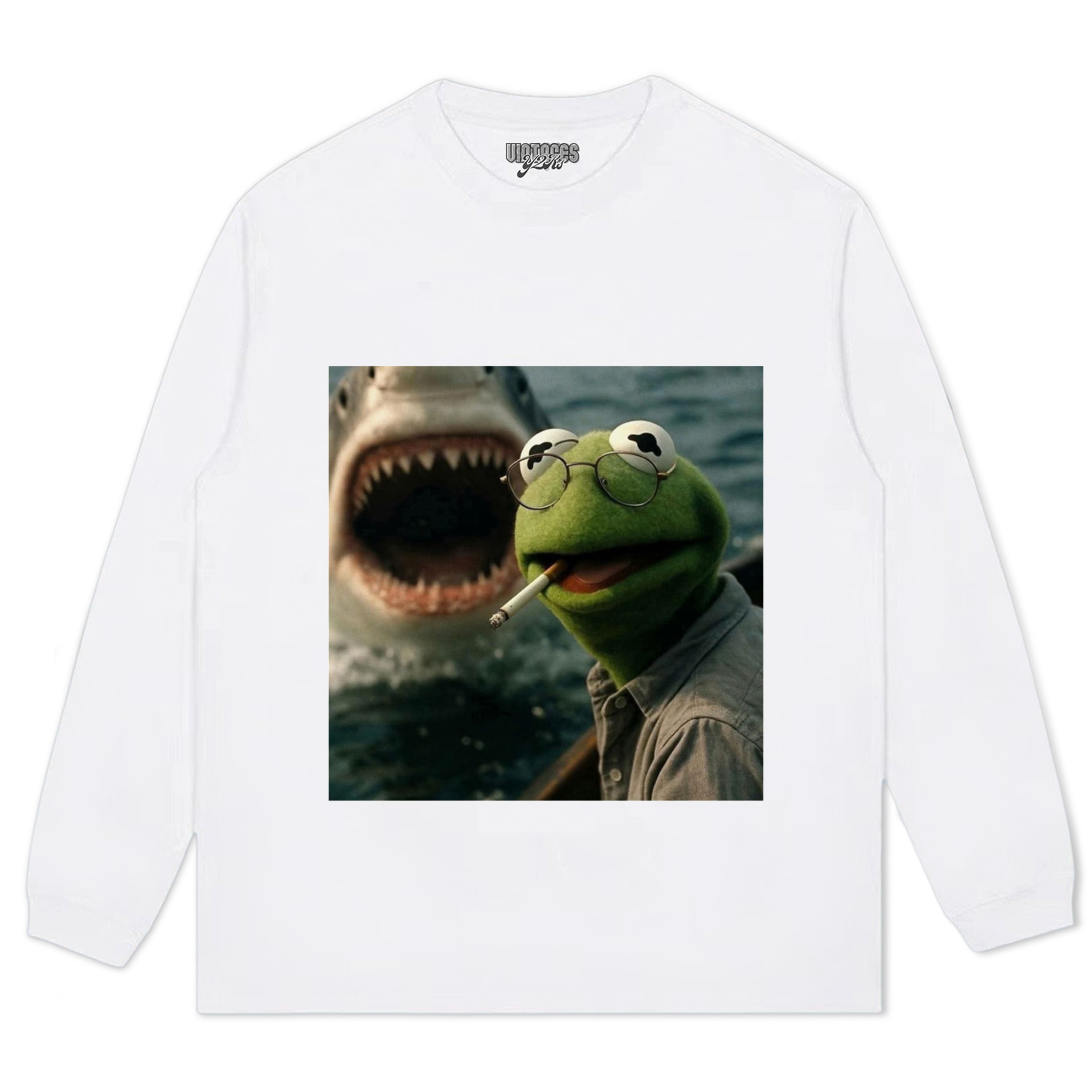 CHILL FROG PUPPET SMOKING WITH GIANT SHARK MEME TEE & LS & HOODIE