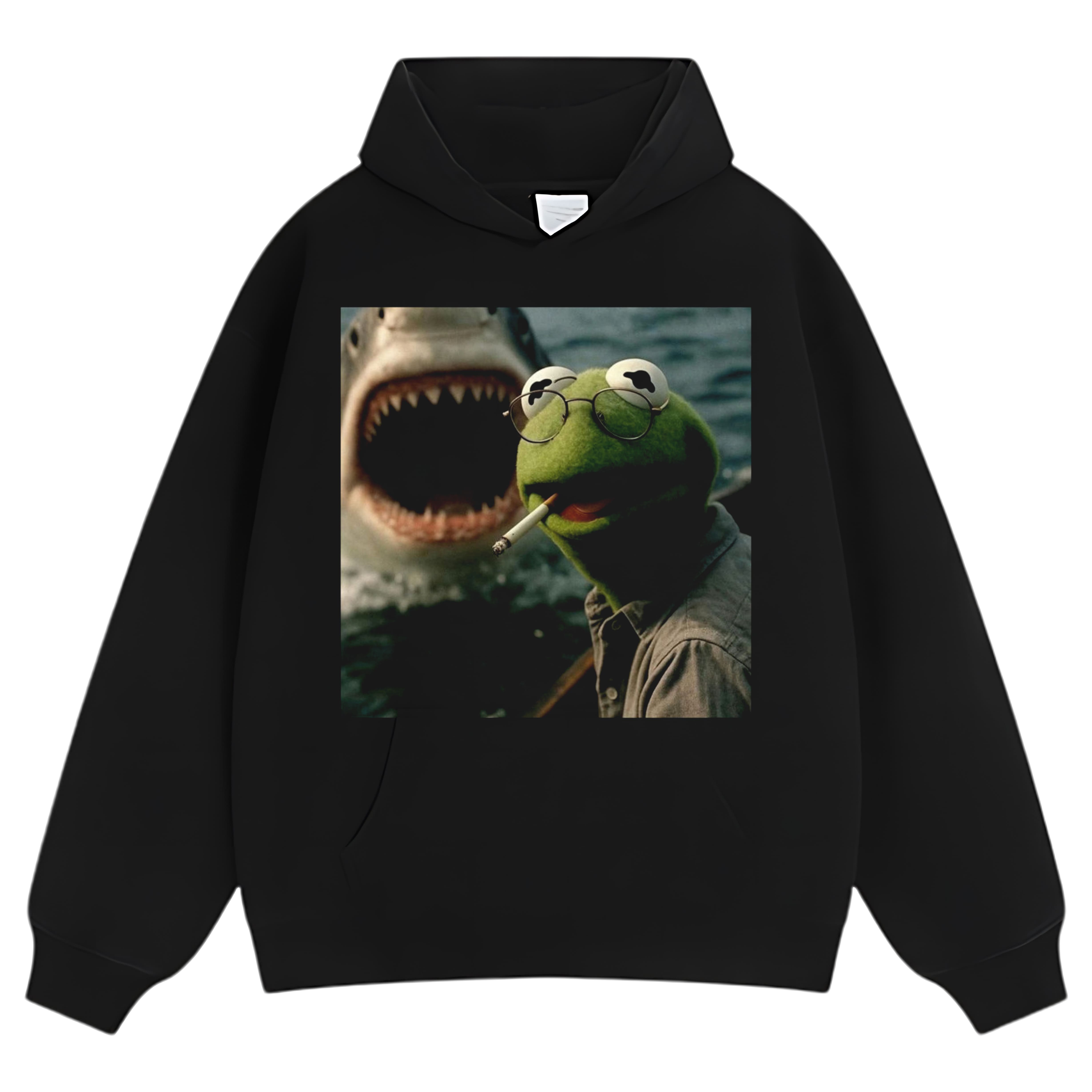 CHILL FROG PUPPET SMOKING WITH GIANT SHARK MEME TEE & LS & HOODIE